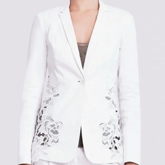 Elie Tahari Wendy Linen Blend Notch Lapel Blazer with Lace Insert White US 12